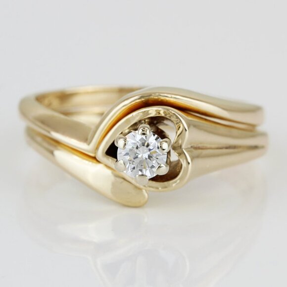 14k Yellow Gold Solitaire Diamond Heart Bridal Wedding Band Engagement Ring Set - Picture 1 of 9